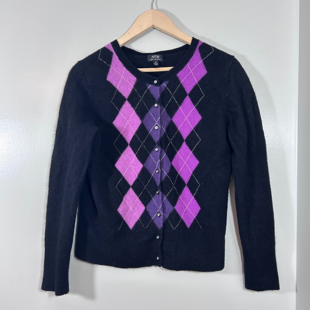 Apt. 9 Womens XL Black Purple Argyle 100% Cashmere Cardigan Sweater Button Front